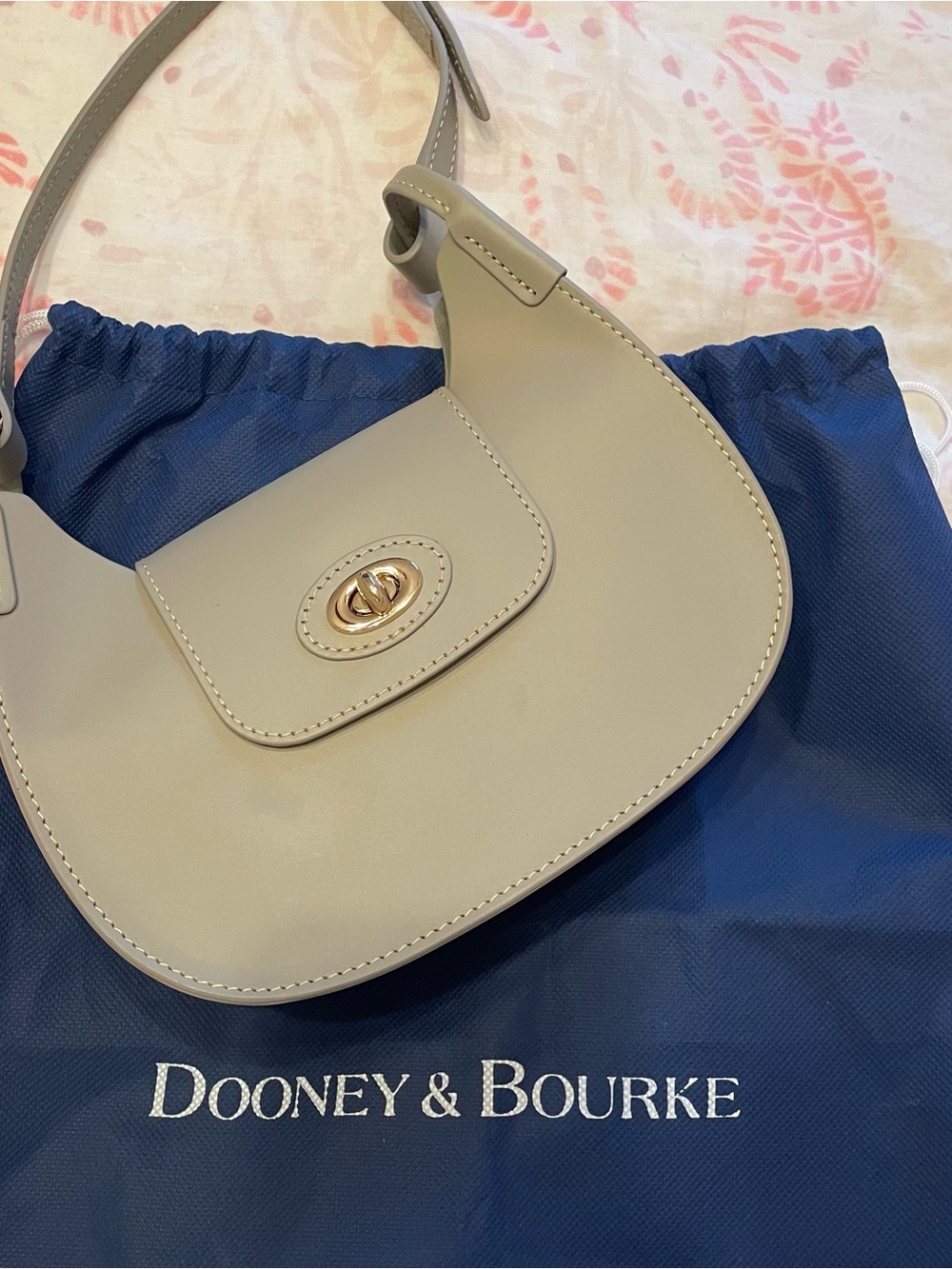 Dooney & Bourke Pale Gray Leather Saddle Shoulder Bag with Turn-Lock